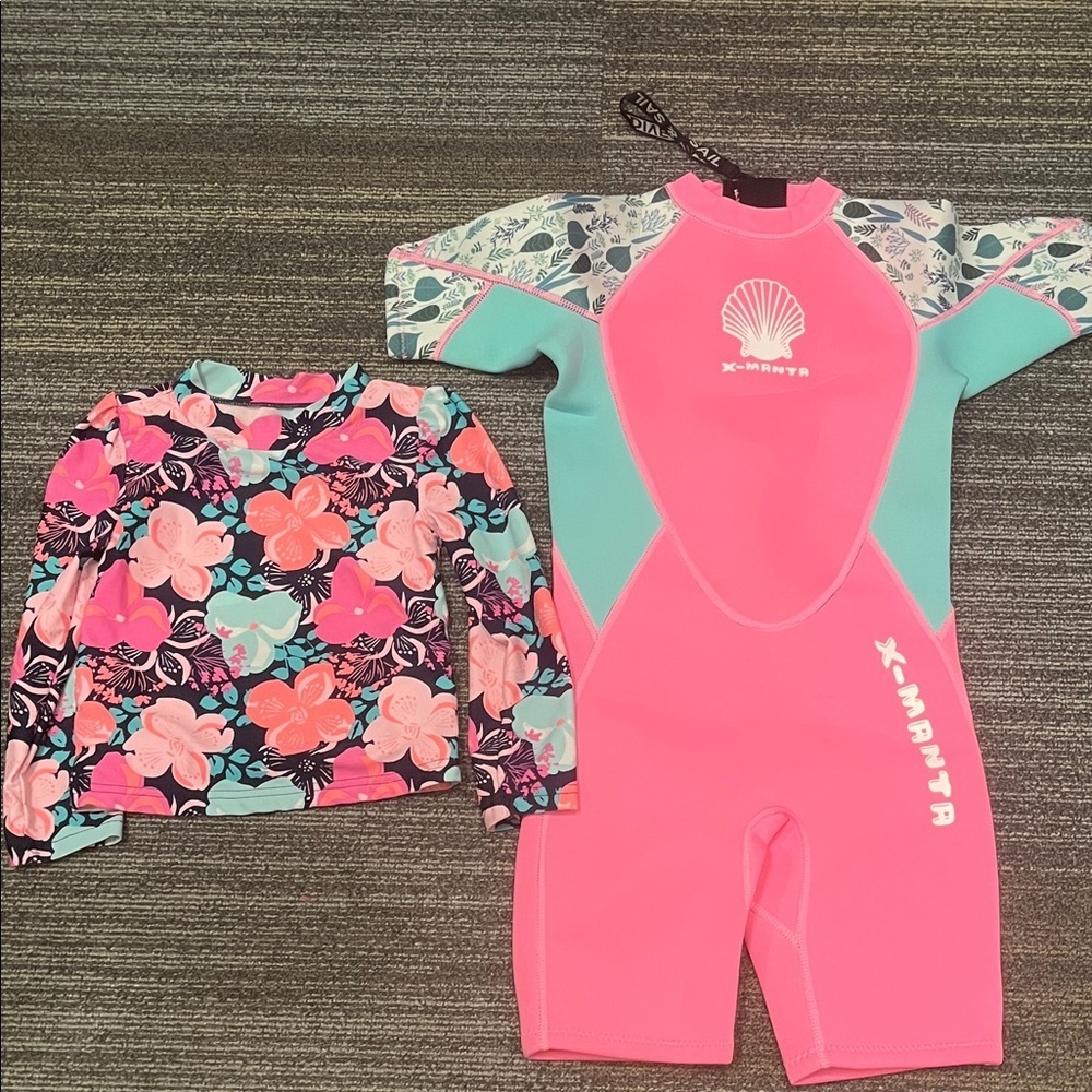 X-Manta Pink and Aqua Kids Wetsuit & Rashguard Set SZ 4/5